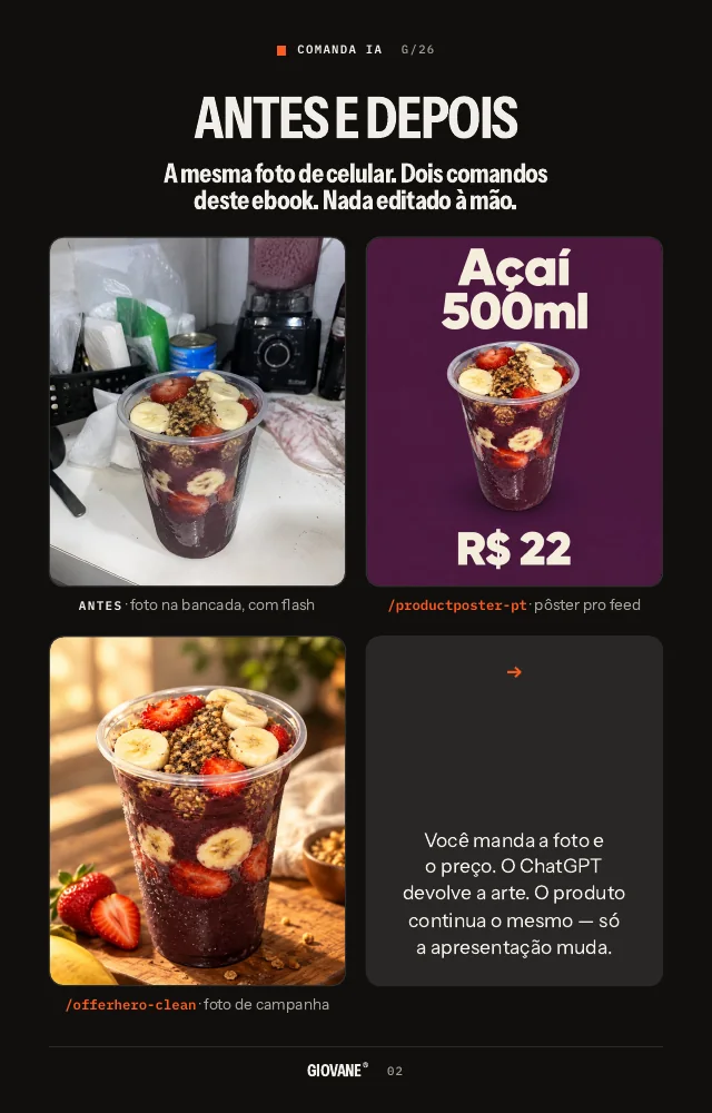 Página de antes e depois da Comanda IA